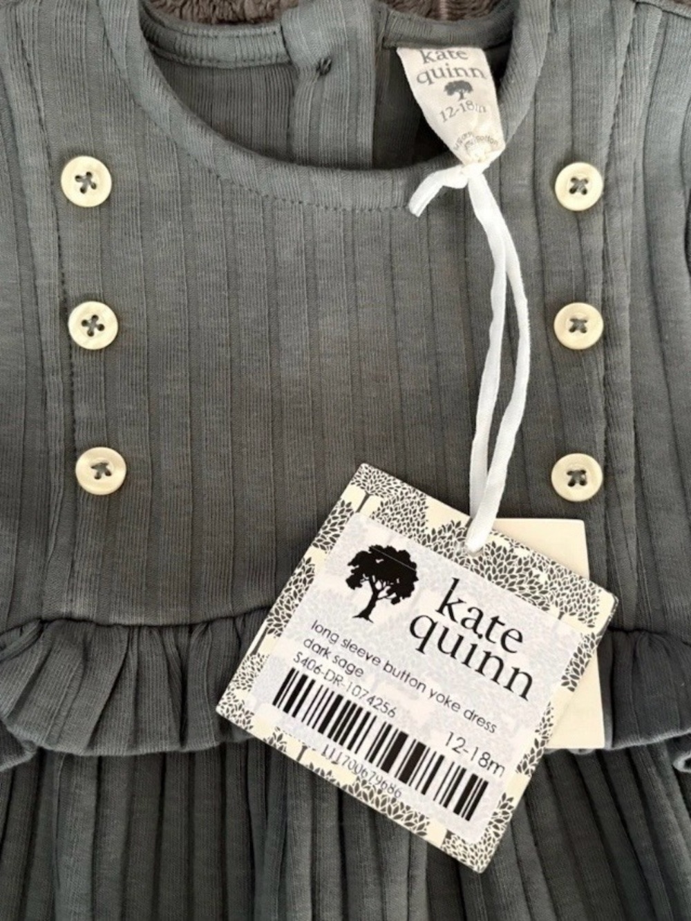Kate Quinn-Dark sage-Button YOKE-Long sleeve toddler dress-Fall-NEW 12-18 month